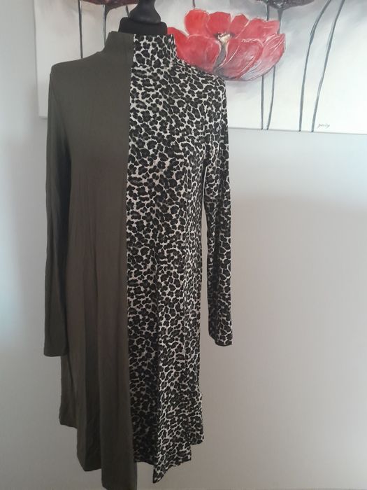 Sukienka prosta dwa kolory khaki panterka S M 36 38