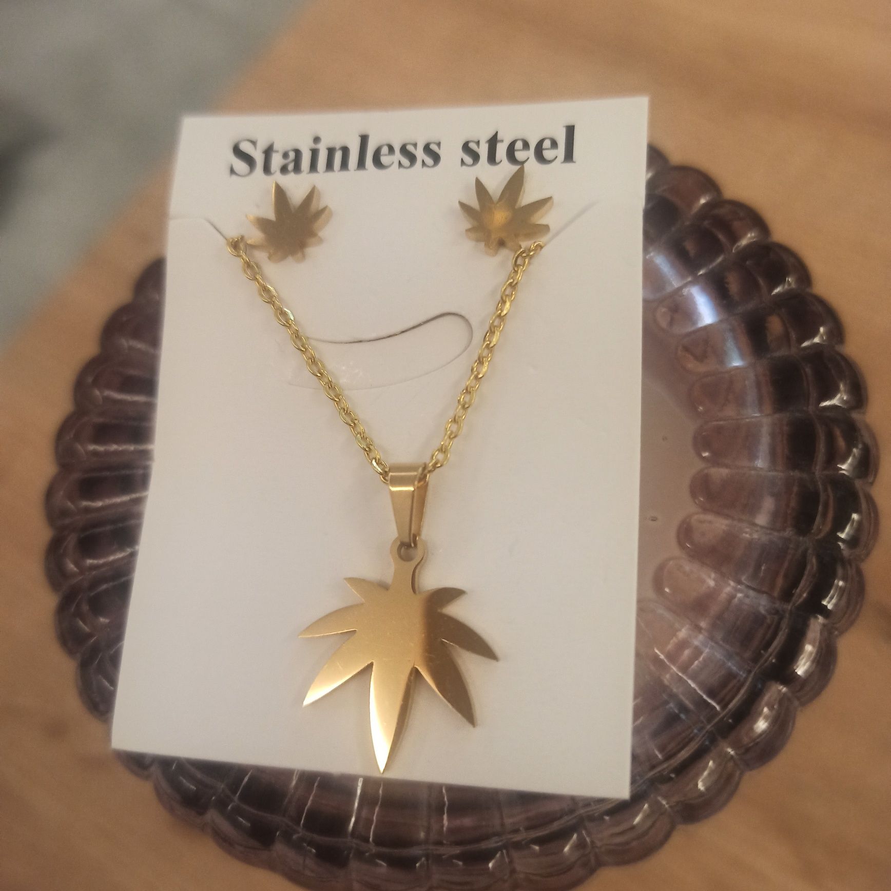 Zestaw biżuterii łańcuszek + kolczyki Stainless steel  liść