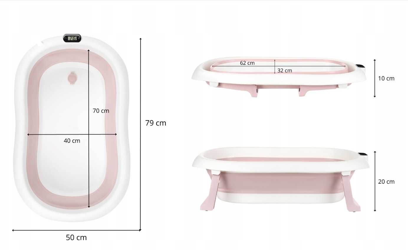 Wanienka składana z termometrem i stelażem + poduszka BATH & CARE Pink