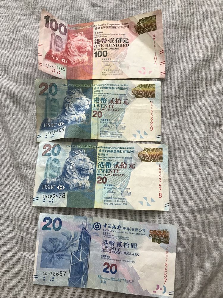 Гонконгський долар100(1 шт),По 20(3шт).