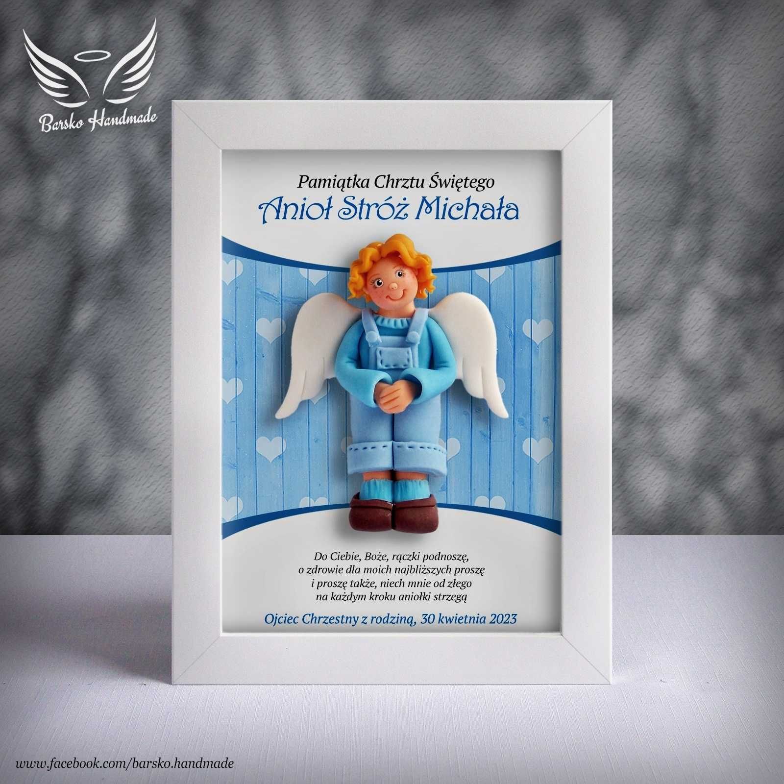 Anioł Stróż z porcelany w ramce 15x21 jako Pamiątka Chrztu Świętego