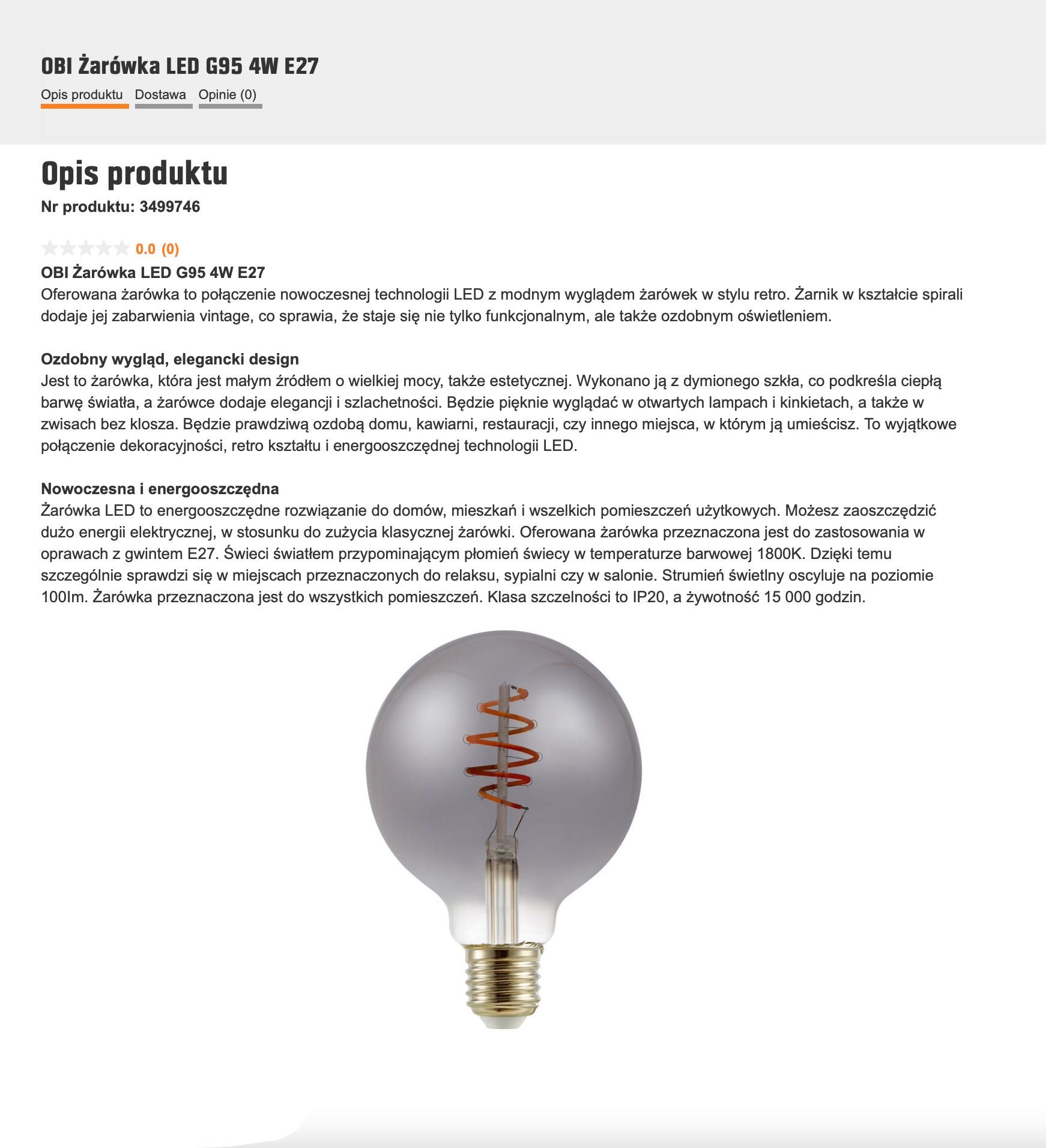 OZDOBNA  ŻARÓWKA LED G95 4W E24 Ciepłe światło 1800K NOWA