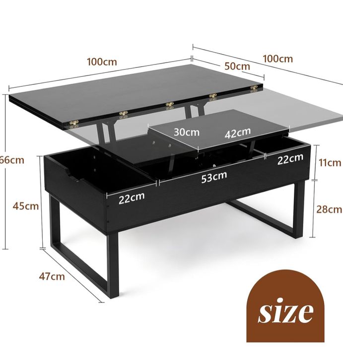 Stolik kawowy z podnoszonym blatem, stolik 3 w 1 z ukrytym schowkiem,