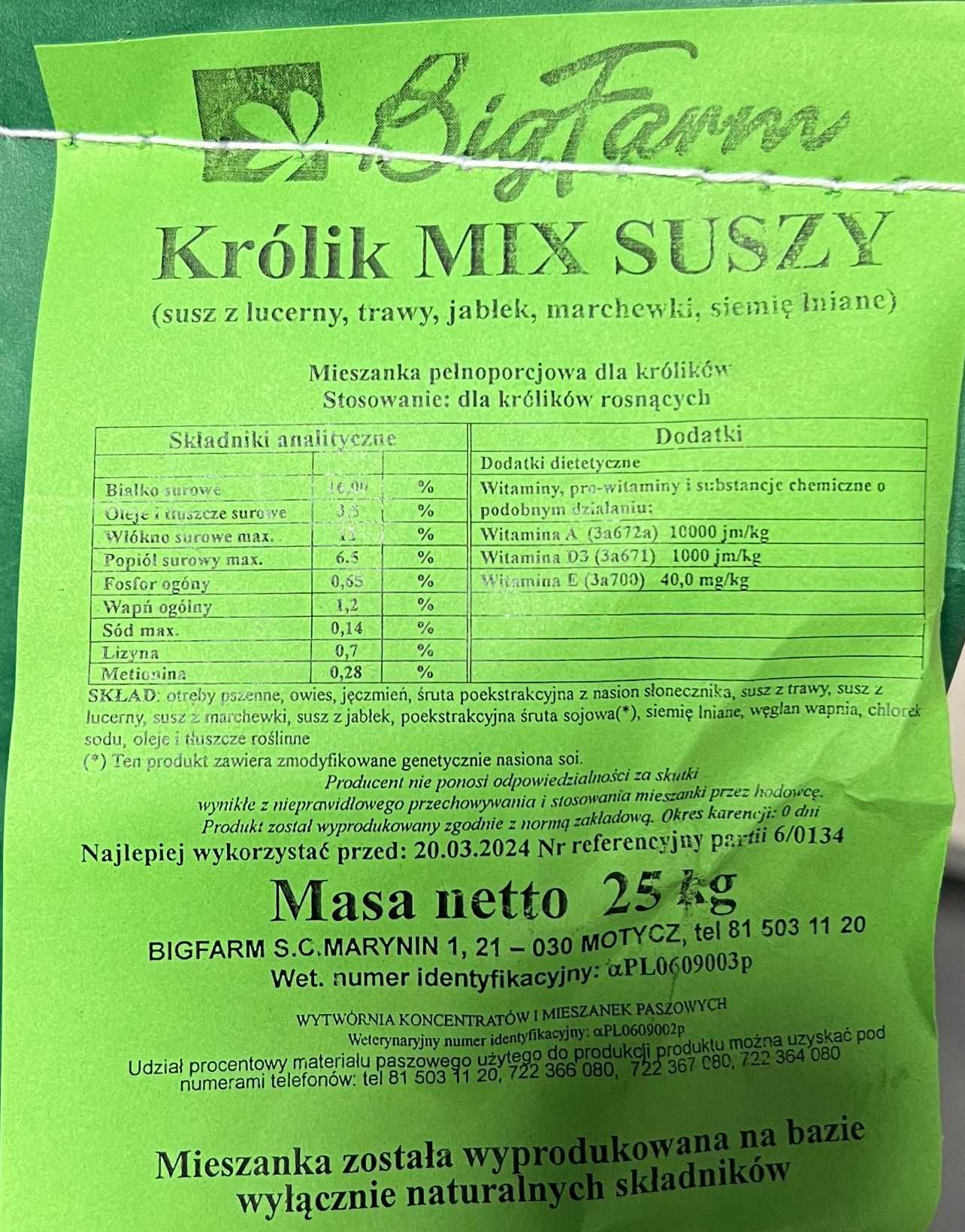 Pasza Karma dla Królików Granulat + Susz Lucerna Jabłko !!! 25 kg !!!