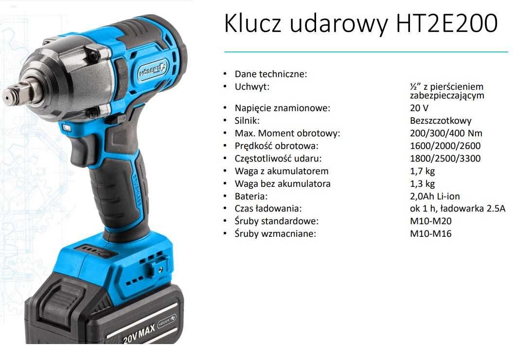 Klucz udarowy Hogert 400Nm akumulatorowy. HT2E200