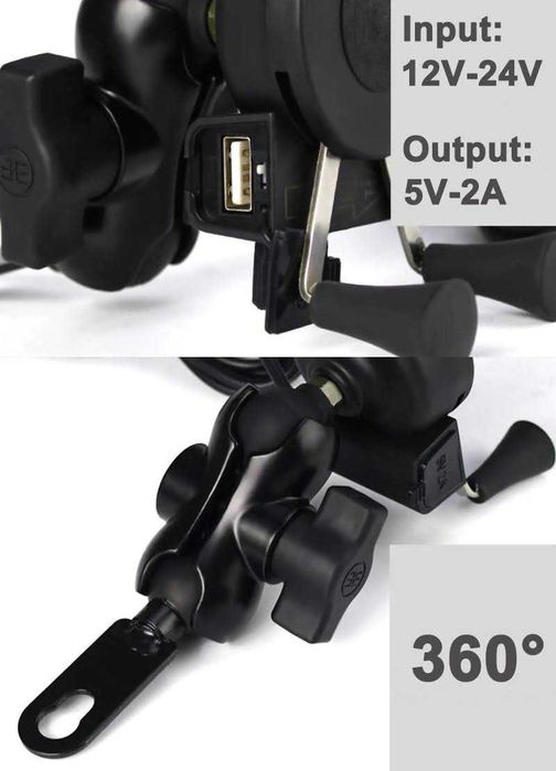 Suporte telemóvel USB garras 4 pontos fixação espelho cafe racer