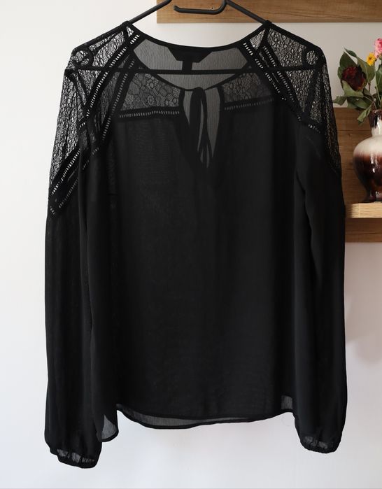 Elegancka czarna szyfonowa bluzka koronka długi rękaw XL/42