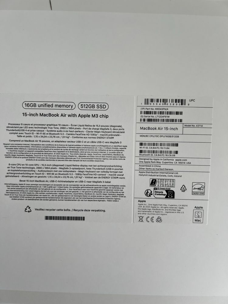 Apple MacBook Air 15’’, M3 /8c CPU/10c GPU/ 16GBRam/512GB SSD