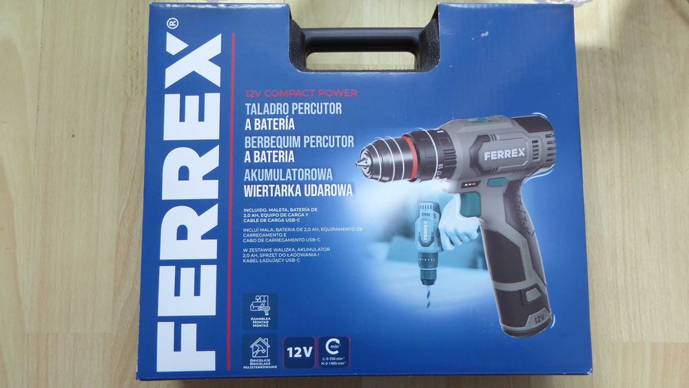 Nowa wiertarka udarowa 12V FERREX z 2 aku. 2Ah, ład. i kablem USB-C.