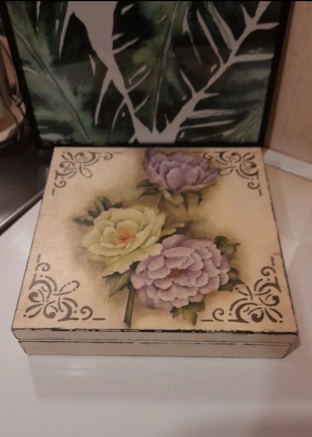 Decoupage pudełko kwadratowe drewniane malowane