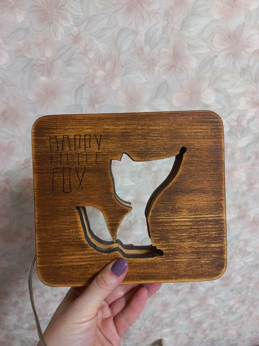 Нічник дерев'яний, ночник из дерева "happy little fox"