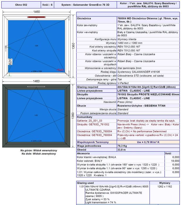 PVC - 1 skrzydłowe RU, Bazaltowe zewnątrz, 146x136 cm (11 szt) FVAT