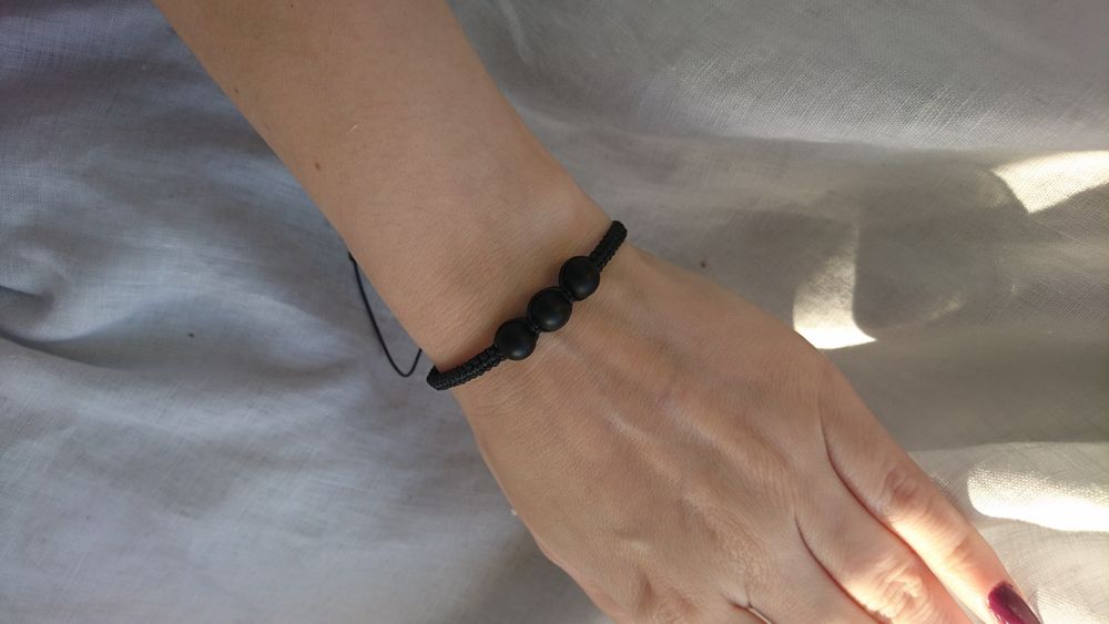 Bransoletka czarna sznurkowa pleciona makrama kamienie  czarny Onyks