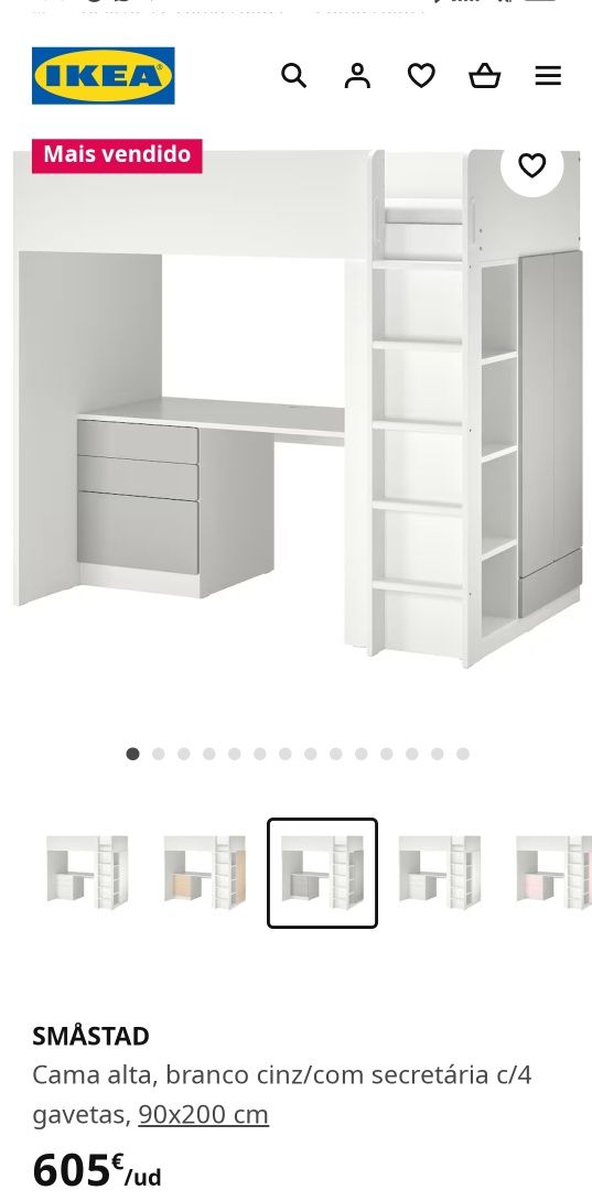 Cama alta IKEA SMÅSTAD
Cama alta, branco cinz/com secretária c/4 gavet