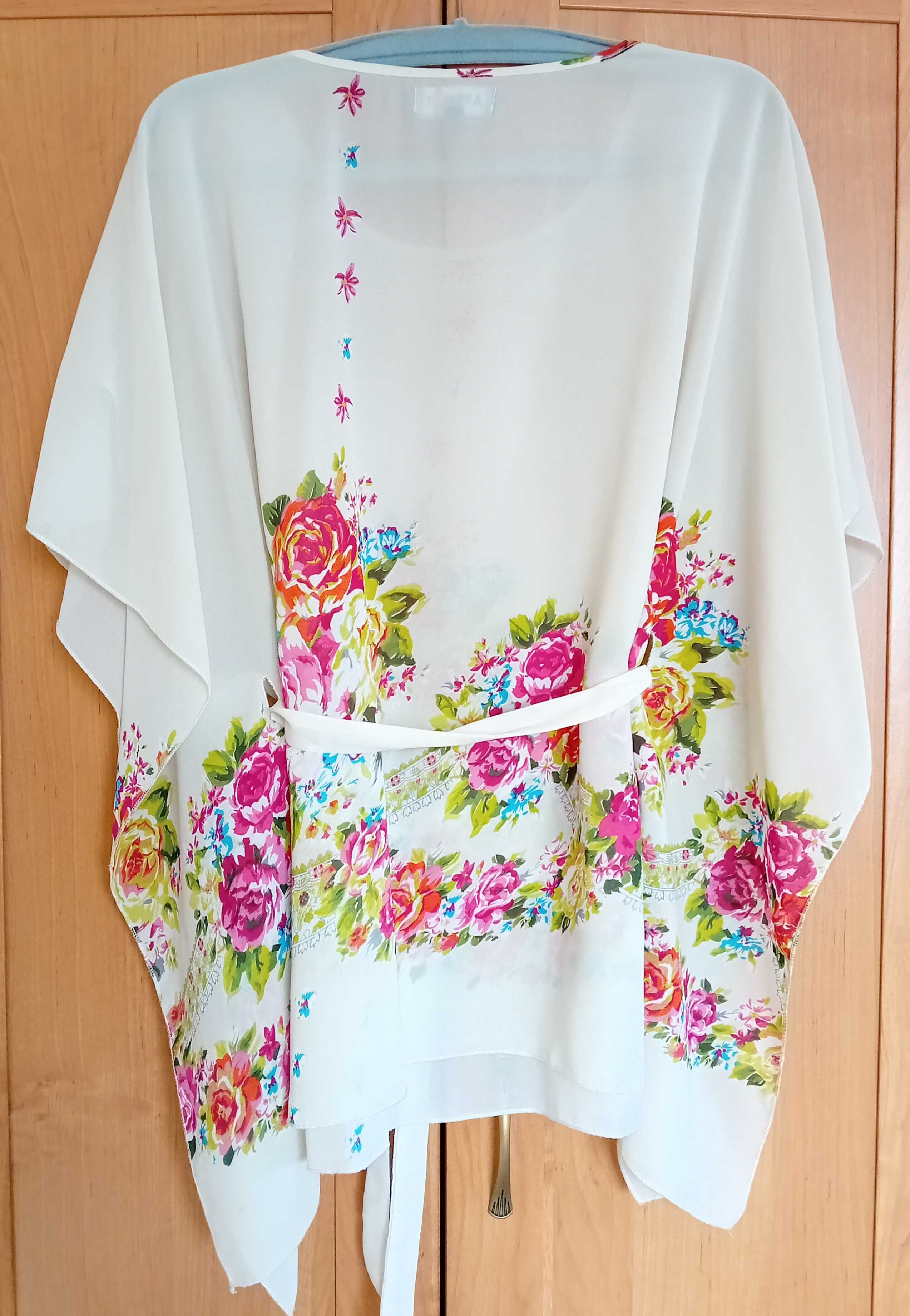 Zwiewna letnia bluzka kimono uniwersalna kwiaty wiązana w pasie 48 50