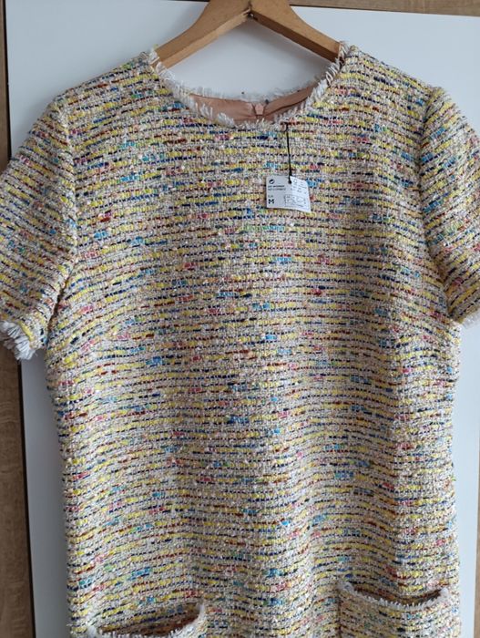 Mango rozmiar M 38 tweedowa sukienka krótki rękaw do pracy do biura