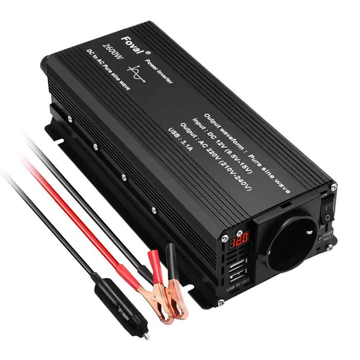 Инвертор Foval 2600W 12-220V чистый синус, преобразователь 12В 220В