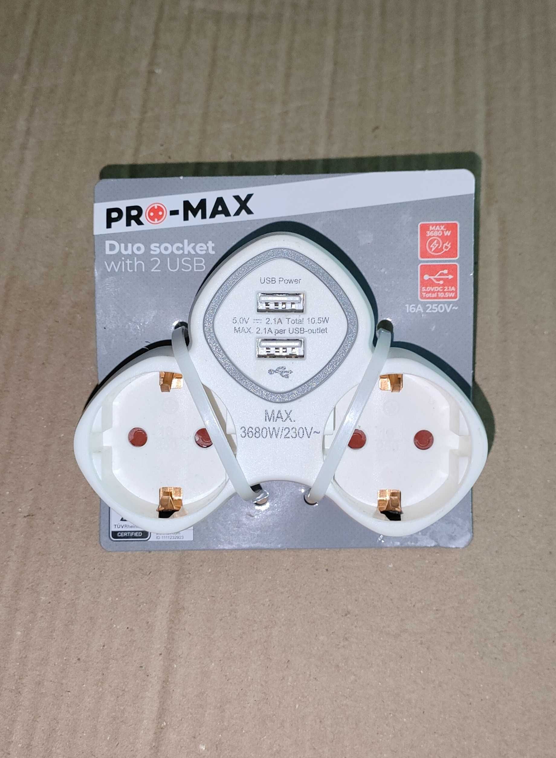 Przejściówka rozgałęźnik adapter Pro-Max  2x gniazdko 2xUsb