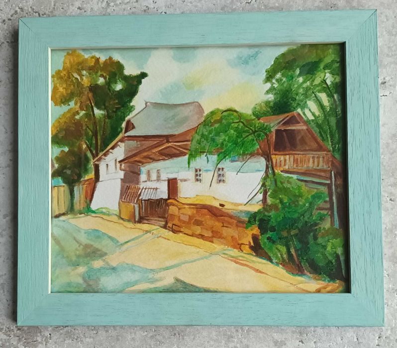 Obraz chaty w zielonkawej ramie za szkłem  33x28,5cm