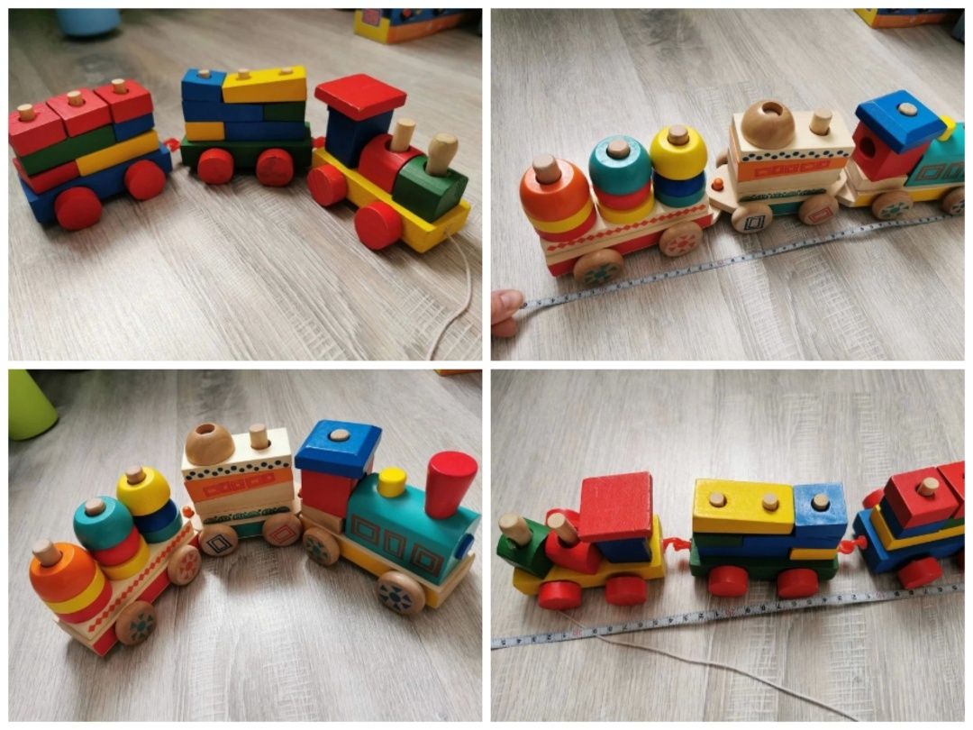 Zestaw drewniane zabawki pociąg ciuchcia klocki puzzle układanka