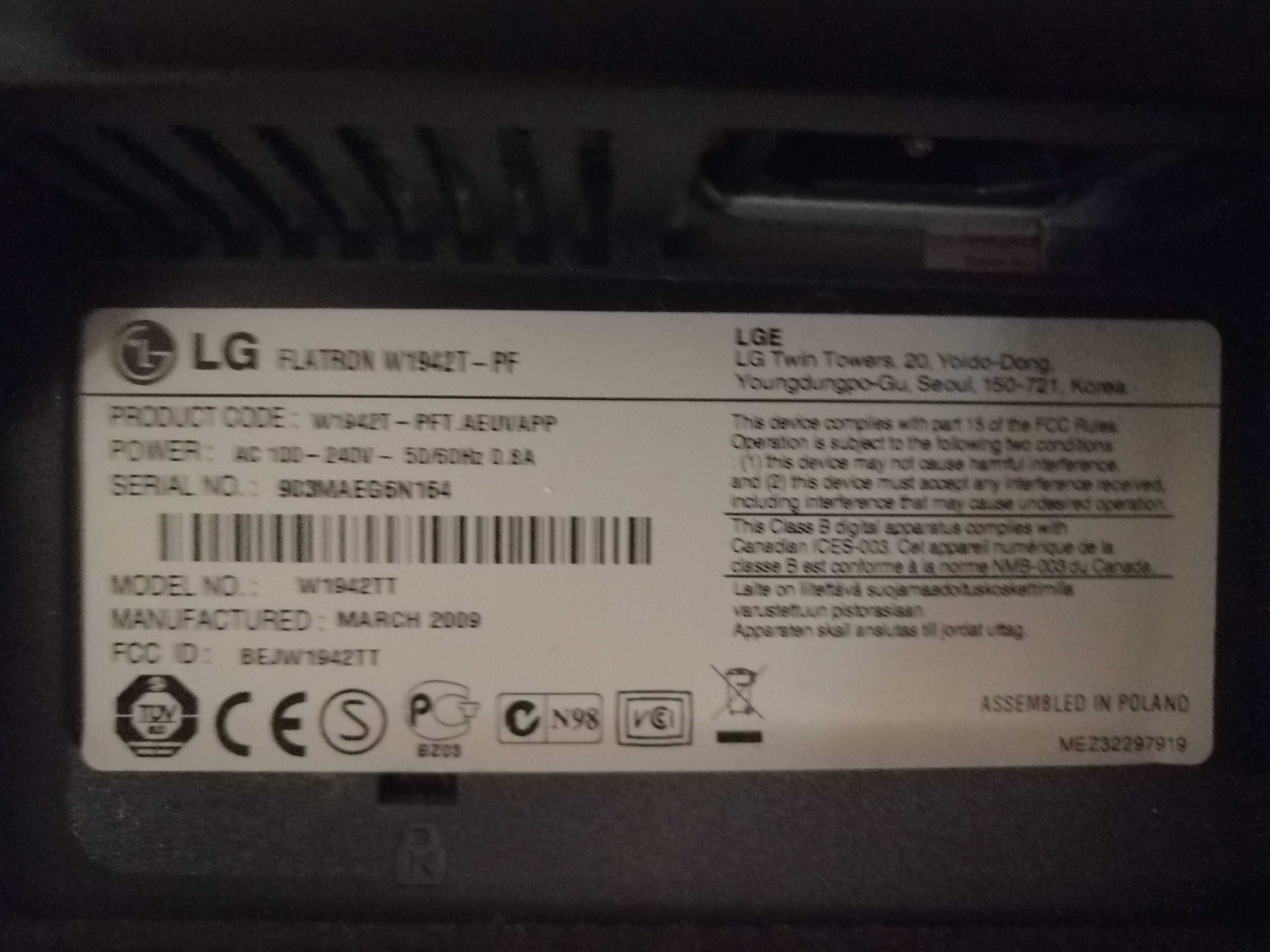 Monitor LG FLATRON W1942T-PF nie włącza się