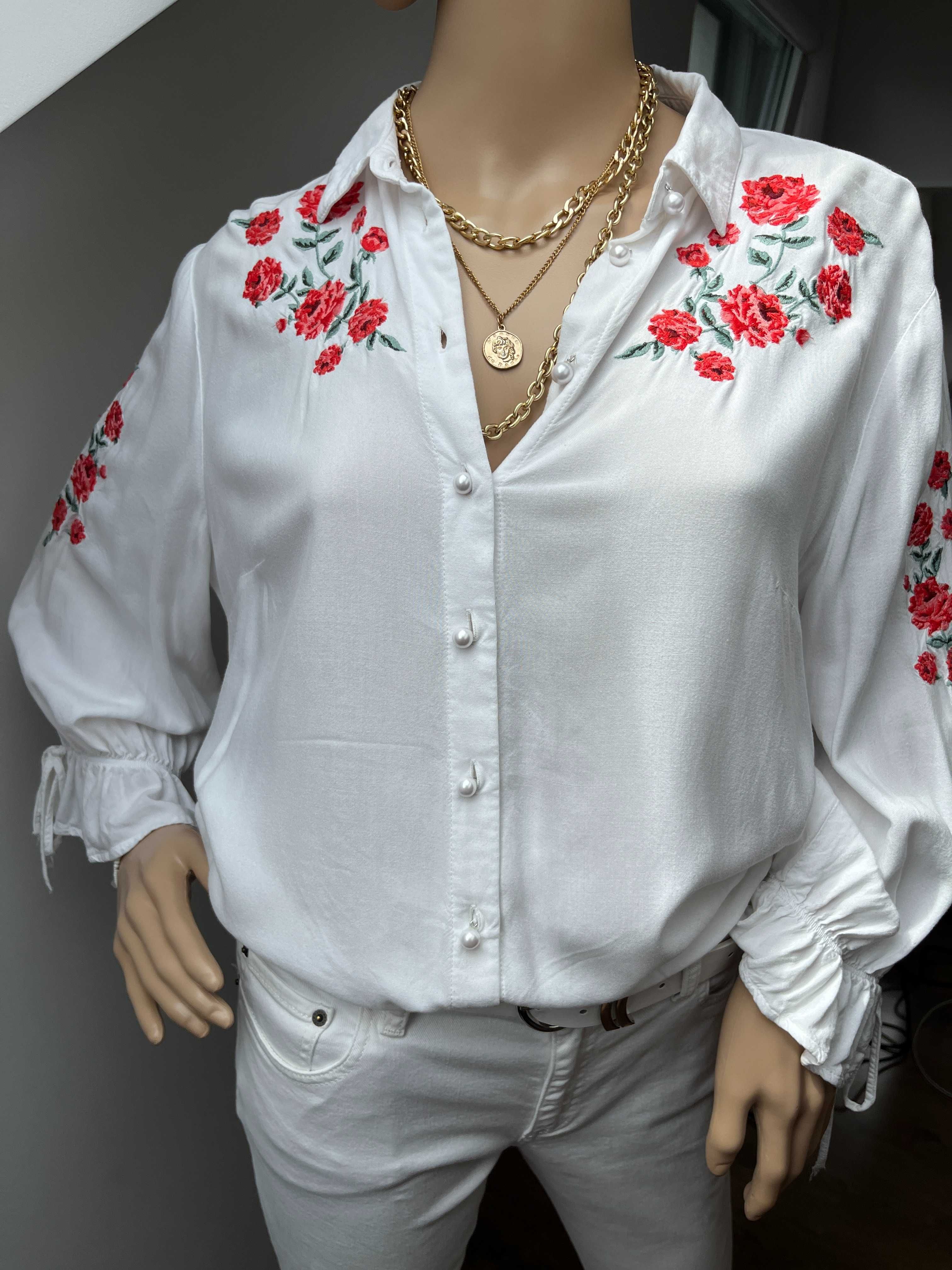 Letnia Bluzka HM Biała w Kwiaty 100% Wiskoza Wakacyjna Boho, Rozmiar L