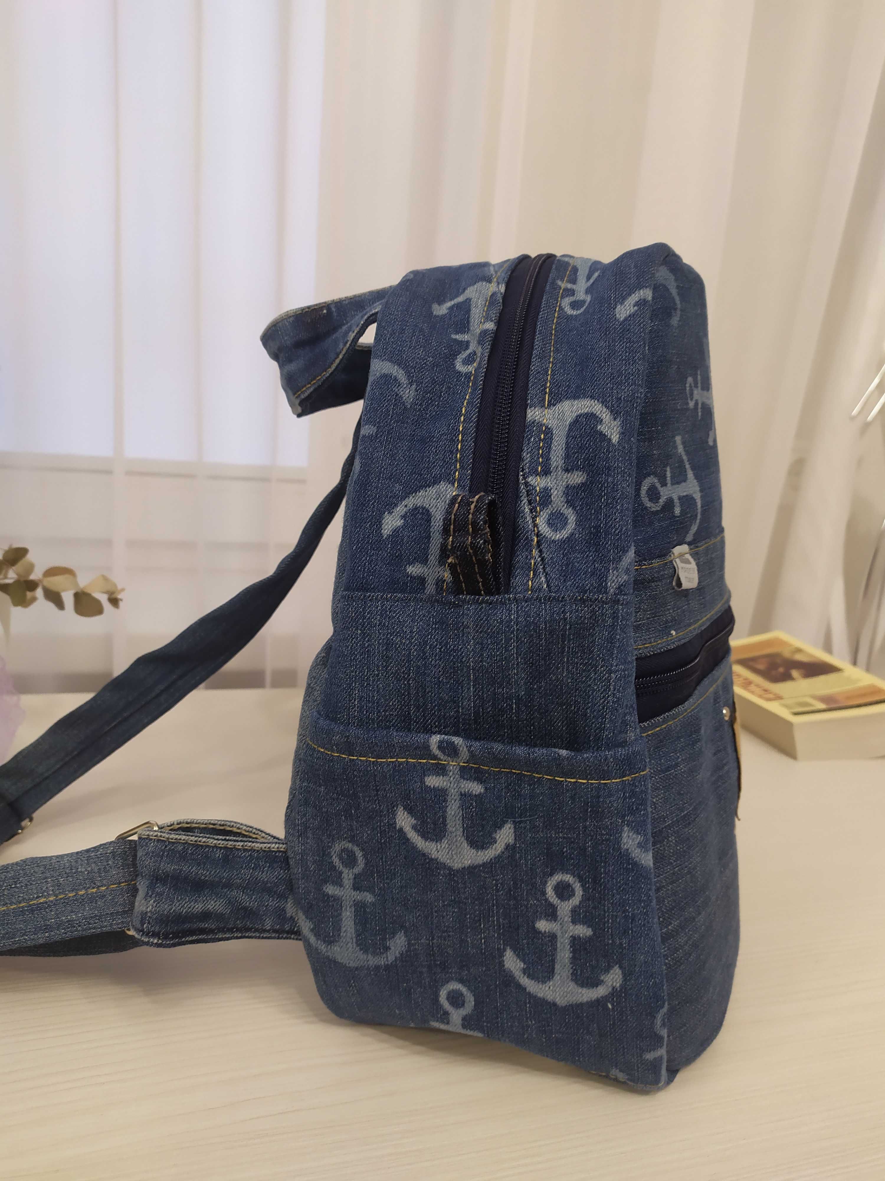 Jeansowy pkecak handmade wzór kotwice