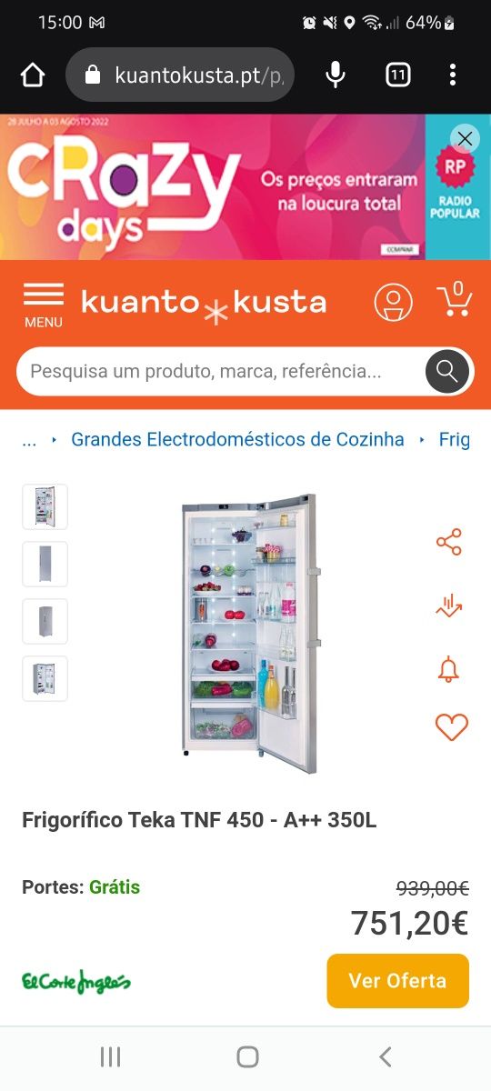 Frigorífico Teka TNF 450 Inox (com avaria)