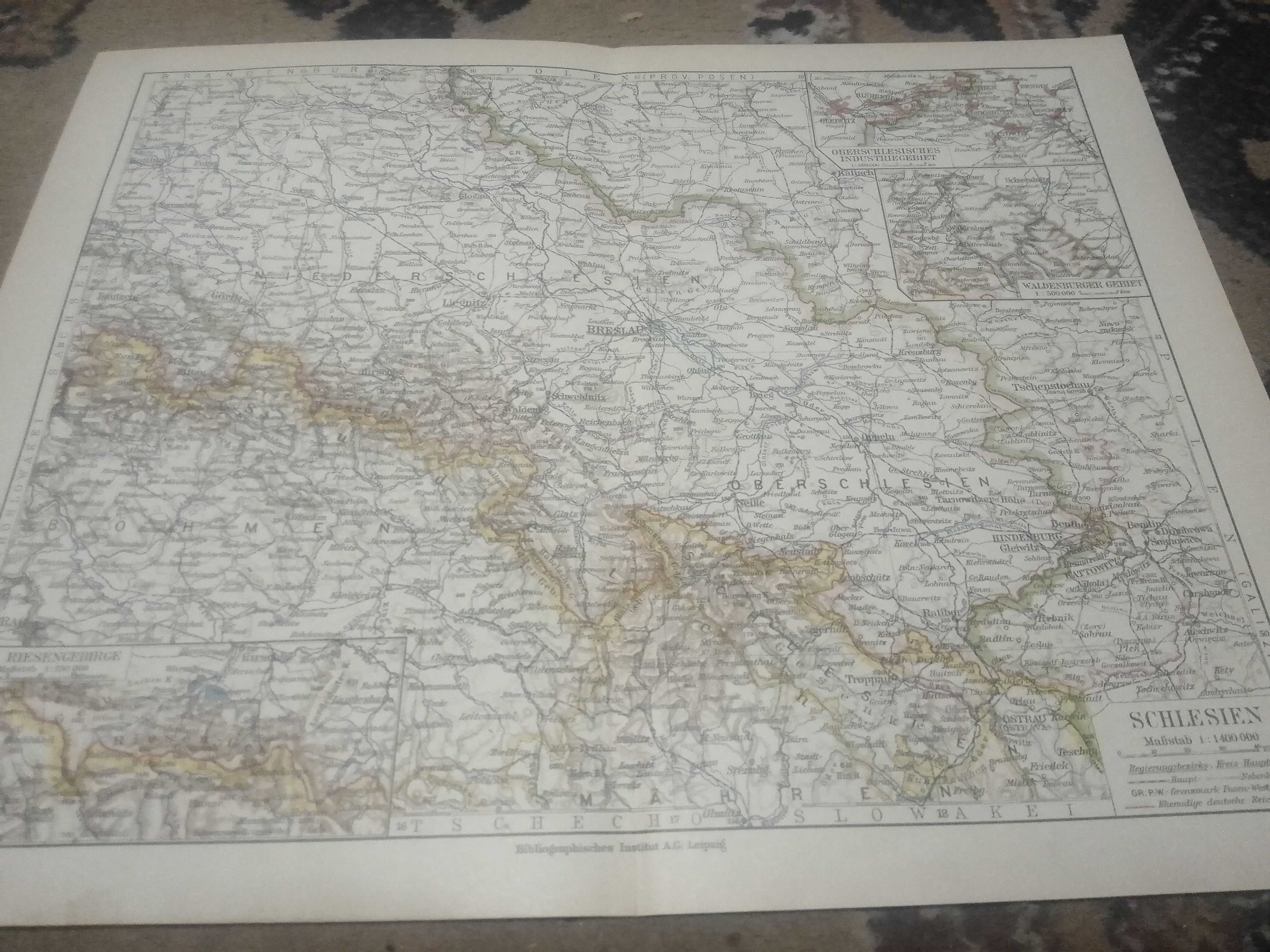 1926 r. Oryginalna mapa  Śląska, Opole, Katowice, Wrocław do aranżacji