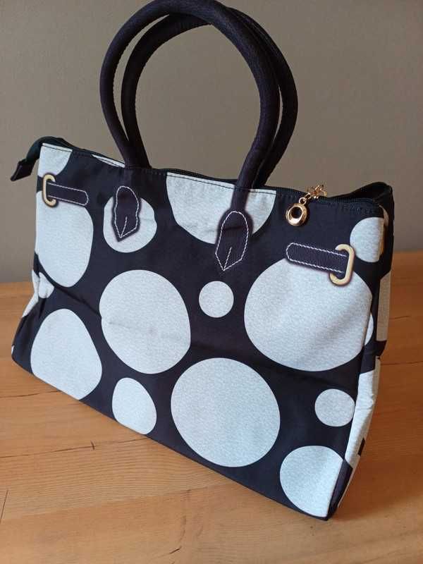 Torba shopper w białe kropki , pasek duża pojemność