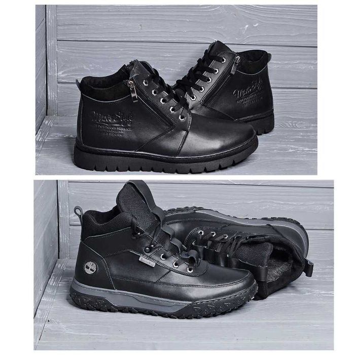 Кожаные зимние мужские черные прошитые ботинки на меху Шнурок 2 змейки