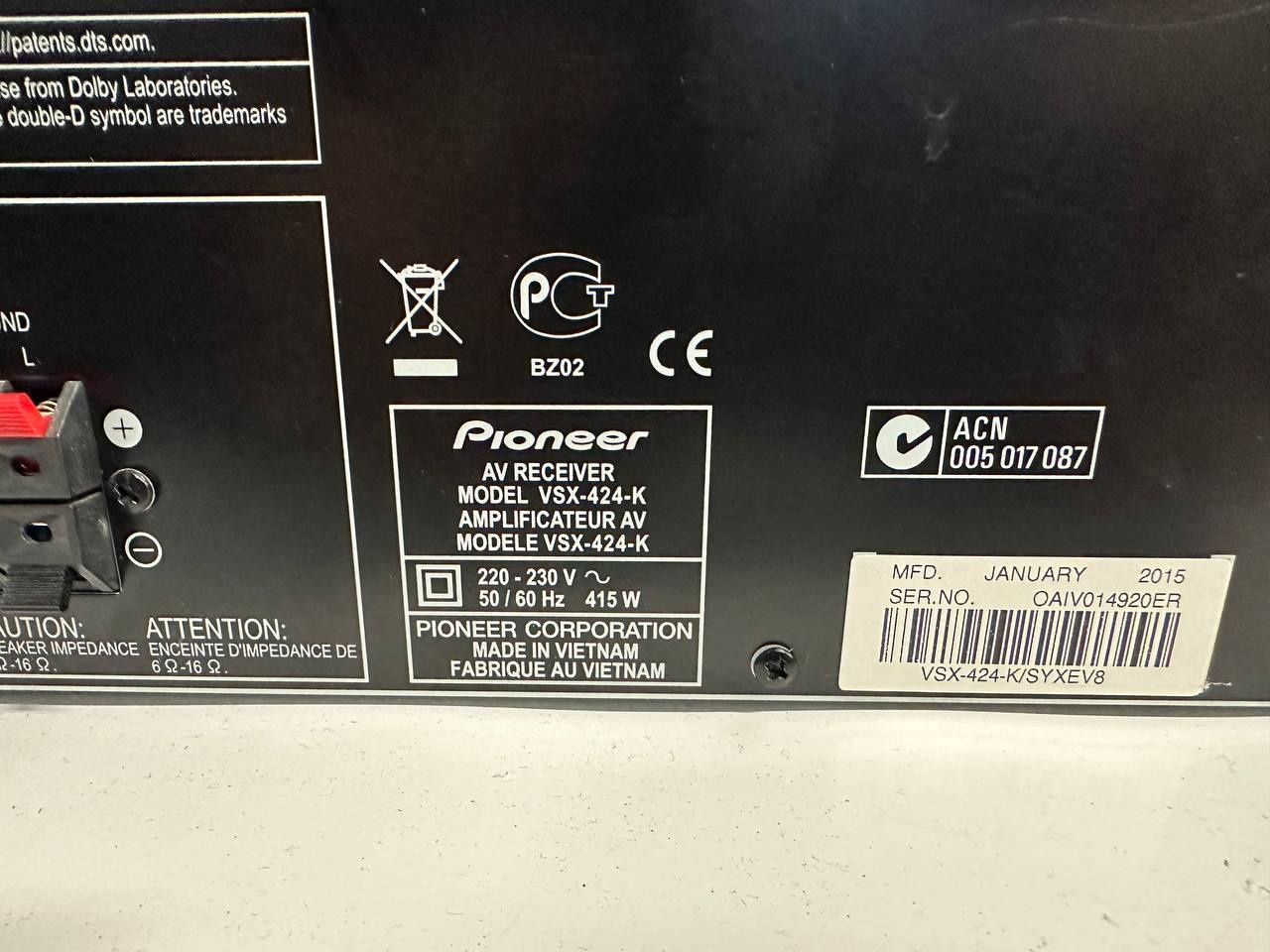 5.1 Amplituner Pioneer VSX-424, 5*130 Watt, HDMI, USB, 4K Ultra HD