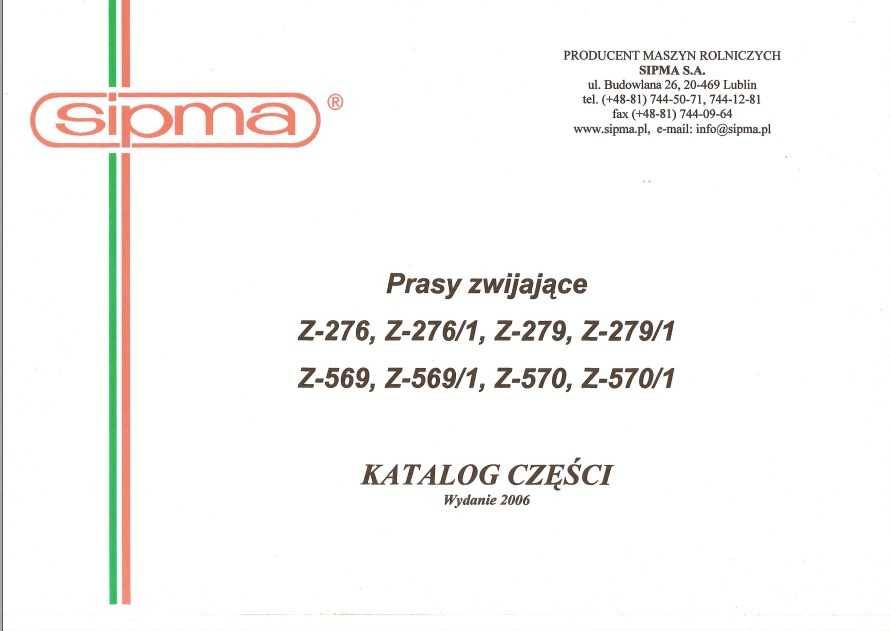 Katalog cześci Prasy Zwijającej Sipma Z276, Z279, Z569, Z570