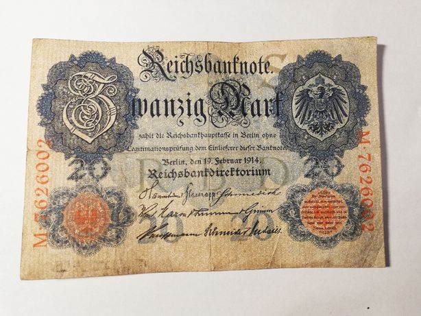Stary Niemiecki Banknot 1914 Cesarstwo Niemieckie | 20 RM ORYGINAŁ