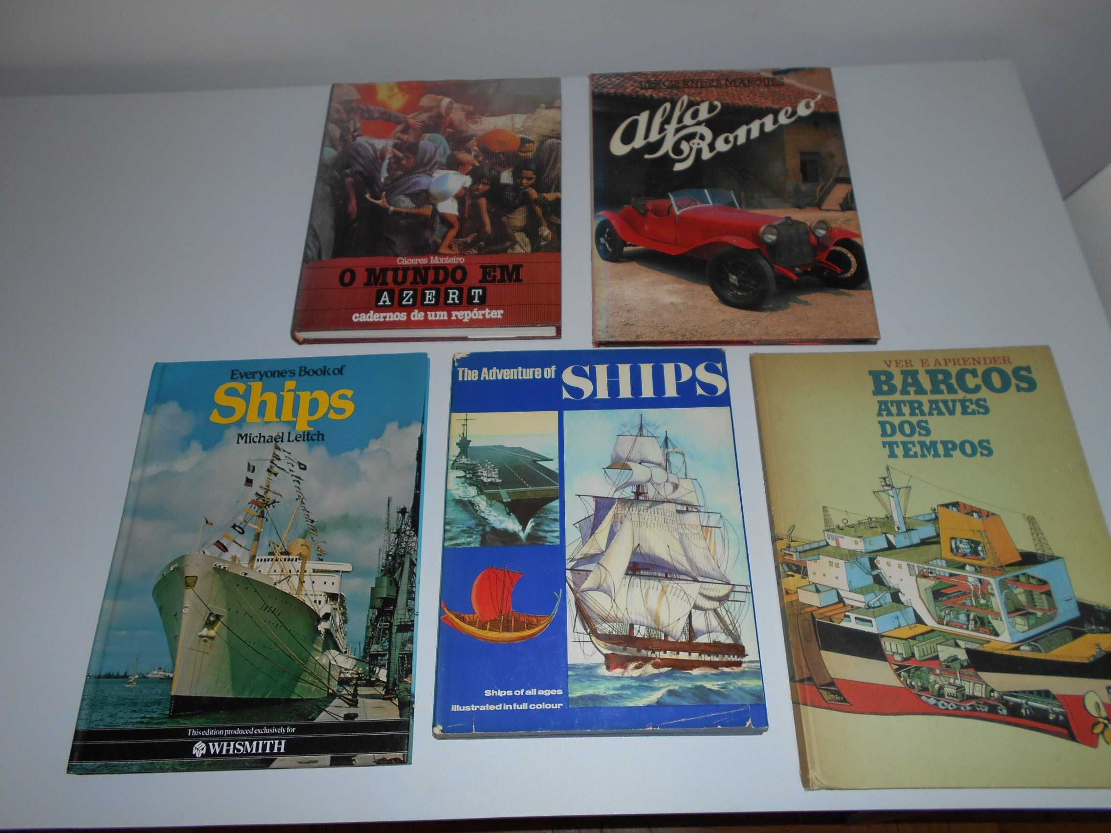 Cinco livros antigos sobre barcos, carros e diversos