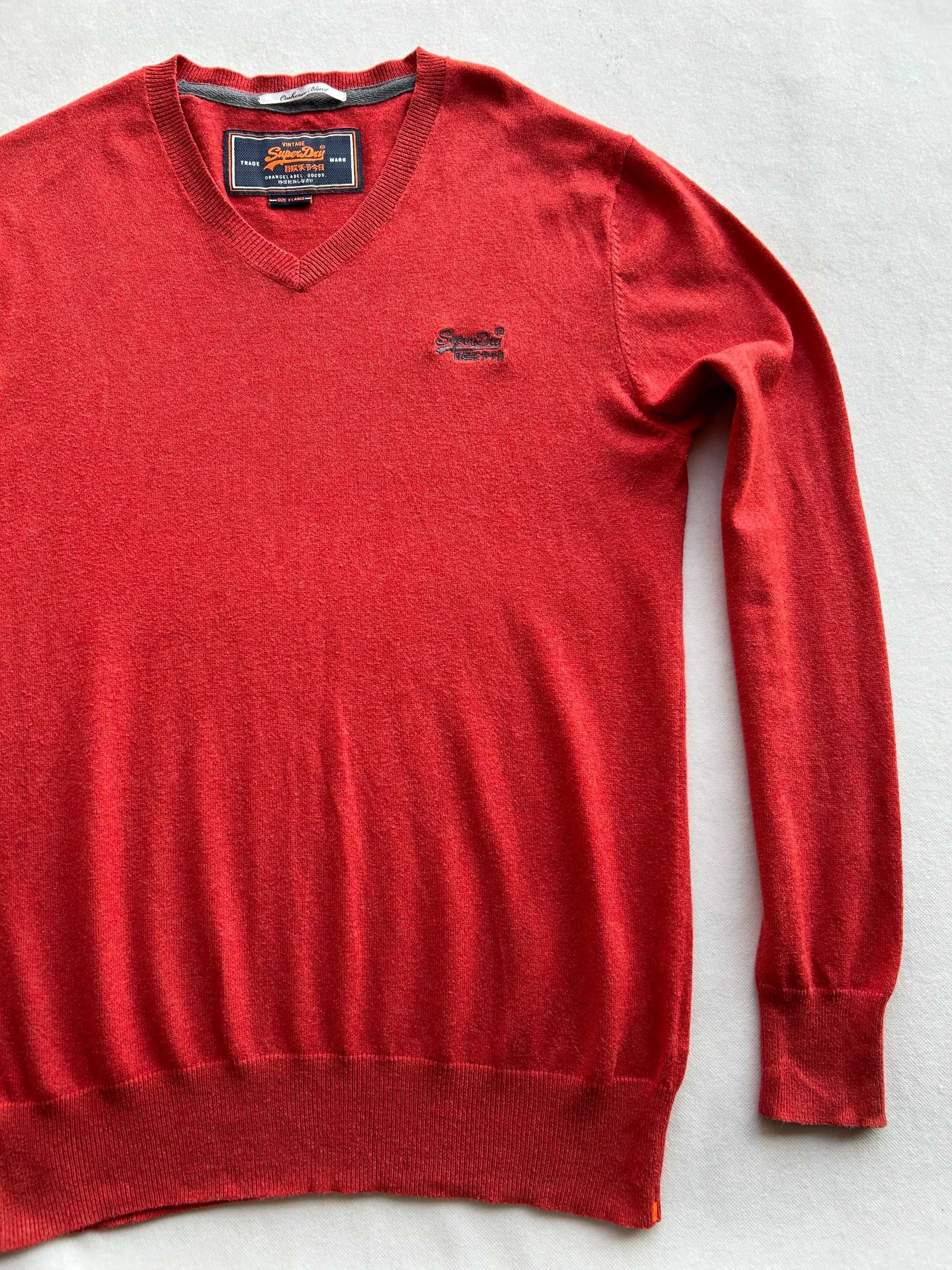 SuperDry _ Czerwony delikatny sweter w serek XL _ bawełna+kaszmir