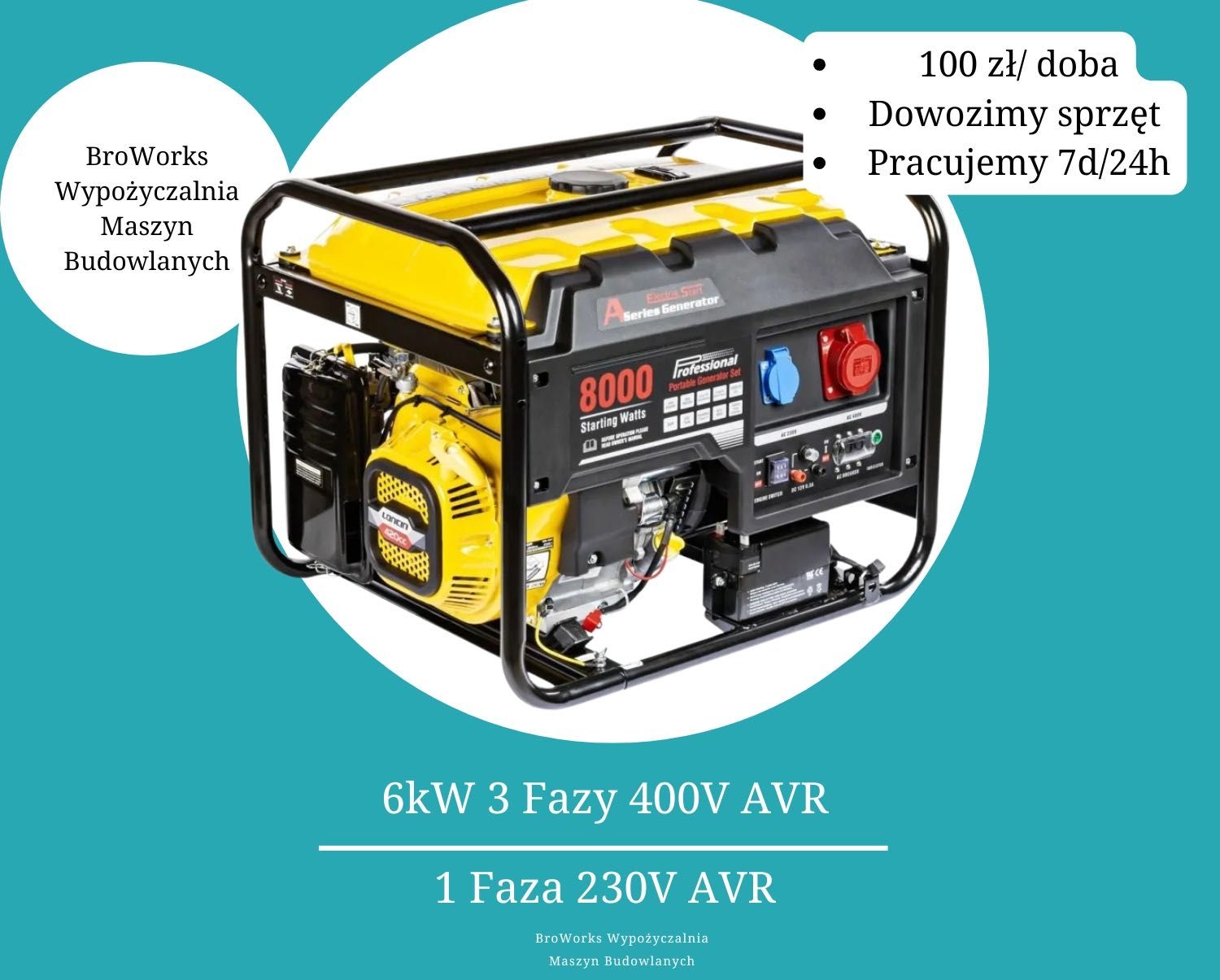 Agregat Prądotwórczy 6kW 400V/230v 3 Fazy Dowozimy 24h/7dni Wynajem