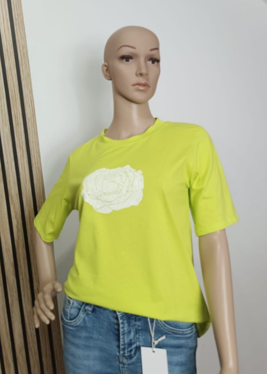 T shirt z różą na dekolcie limonka UNI PS