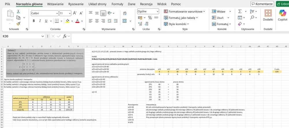 Korepetycje, rozwiązywanie zadań, EXCEL, SOLVER, programowanie liniowe