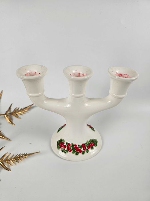 Ceramiczny świecznik vintage z czerwonym motywem