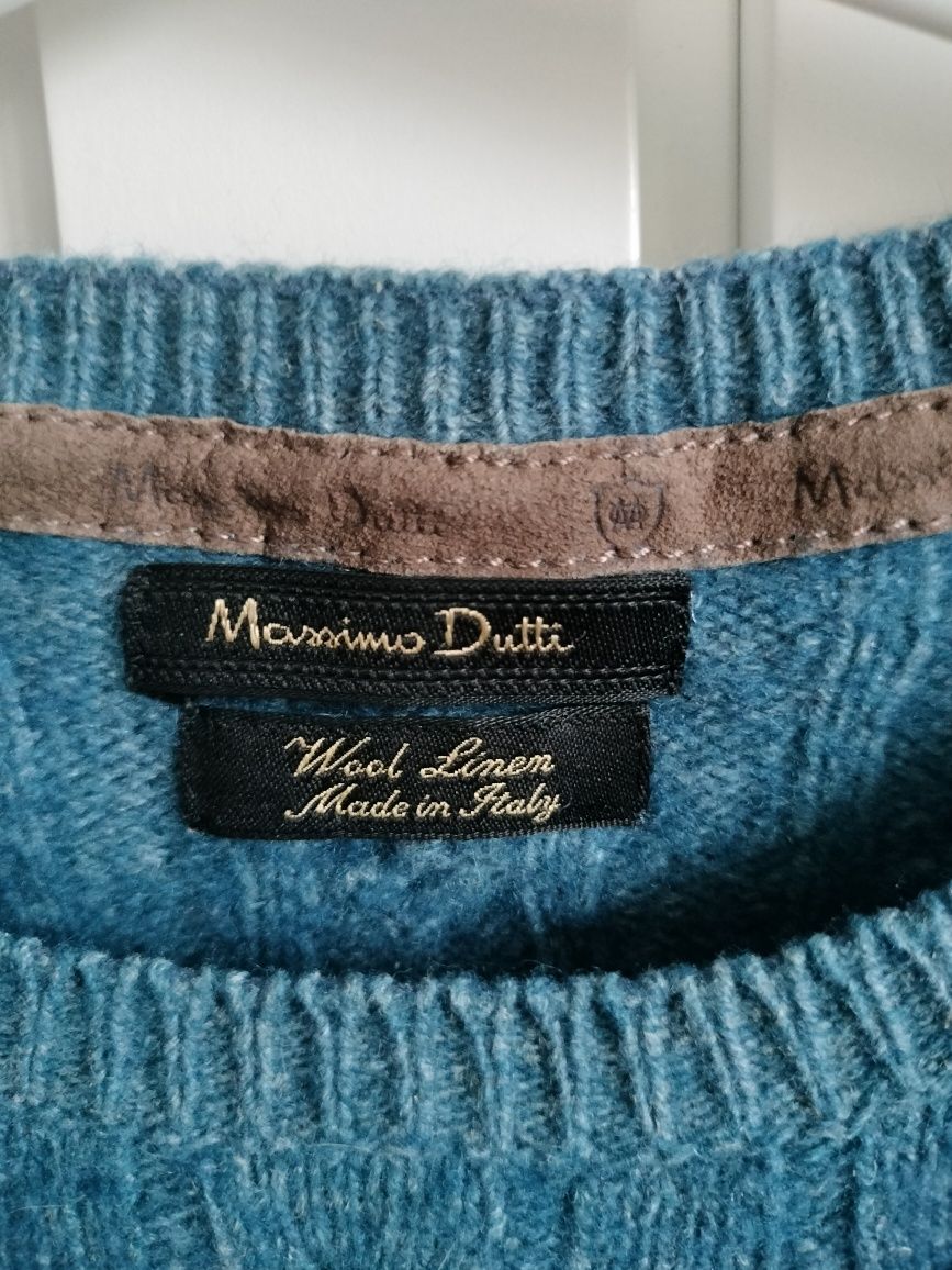 Niebieski turkusowy sweter wełna len massimo dutti M 38 granatowy