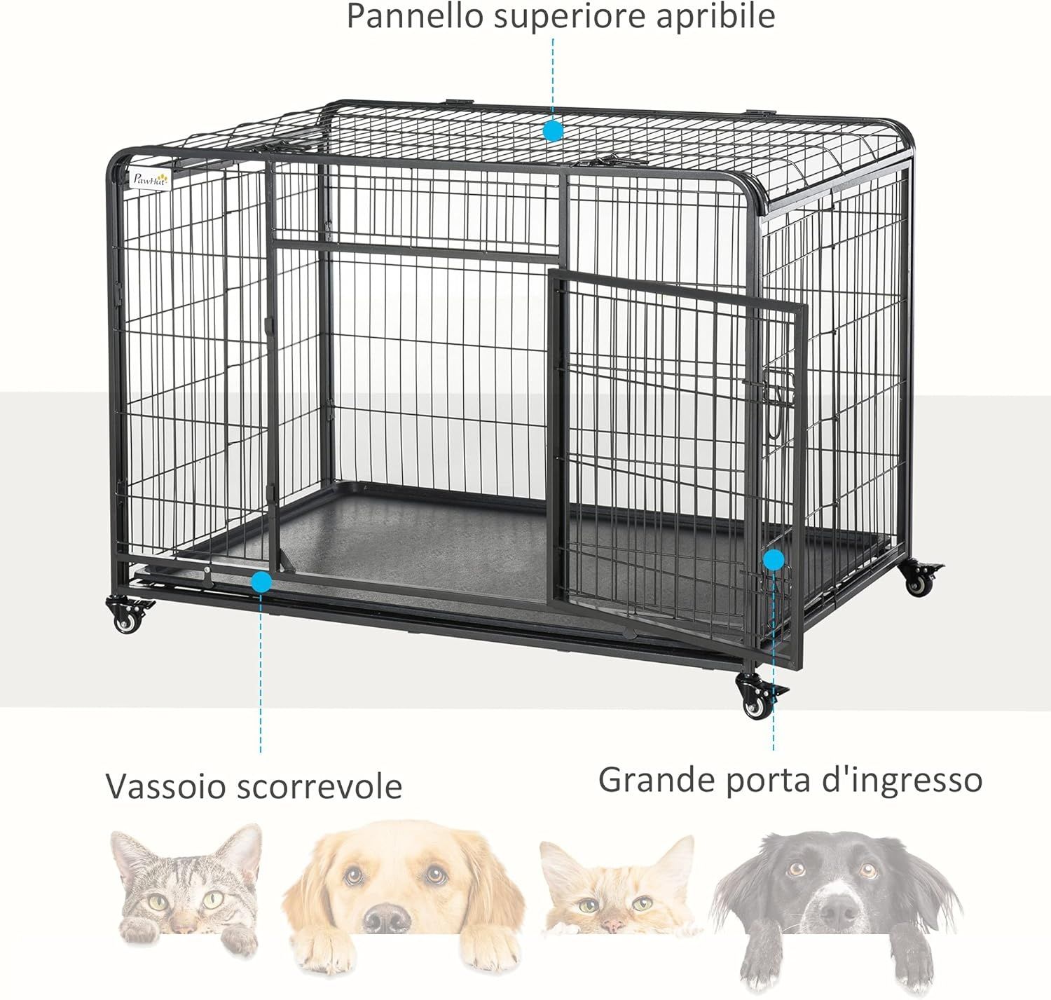 PawHut Klatka dla Psa 109,5x71x78cm Składana 2 Drzwi 4 Kółka
