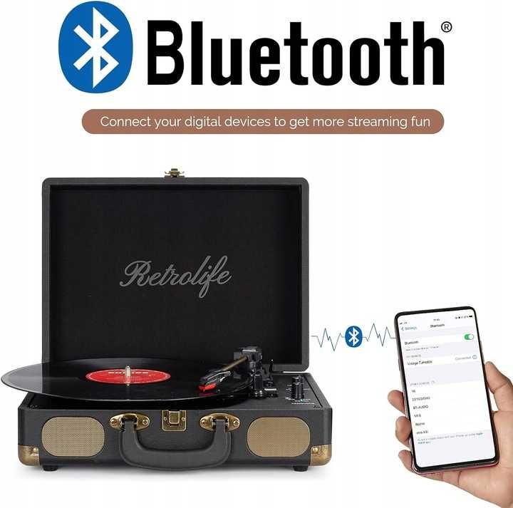 Gramofon Retrolife 3-biegowy, 33/45/78 wbudowane glosniki, bluetooth