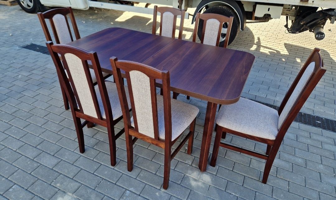 Nowe: Stół 80x140/180 + 6 krzeseł, orzech + kawa z mlekiem, trans PL