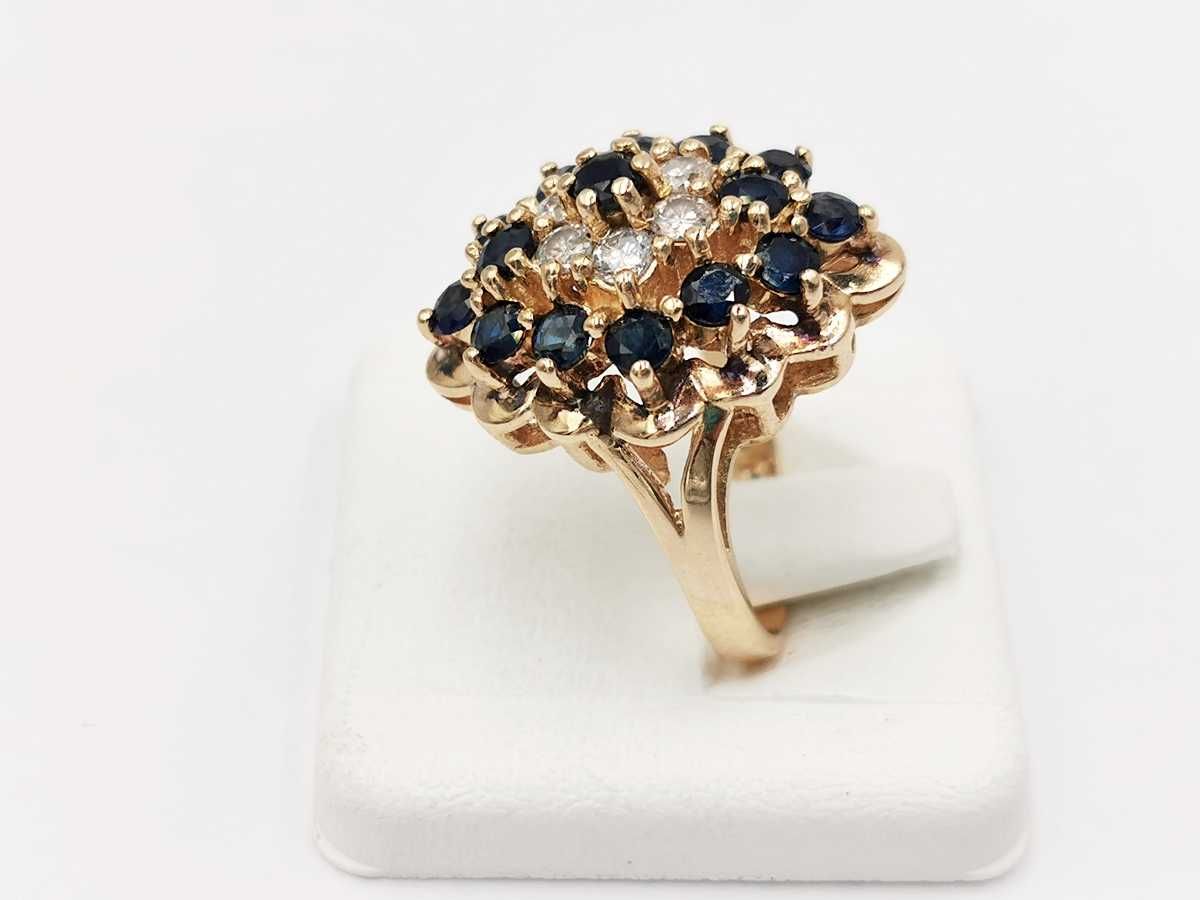 pierścionek złoto 14K 585 szafiry diamenty brylanty 7,26 g certyfikat