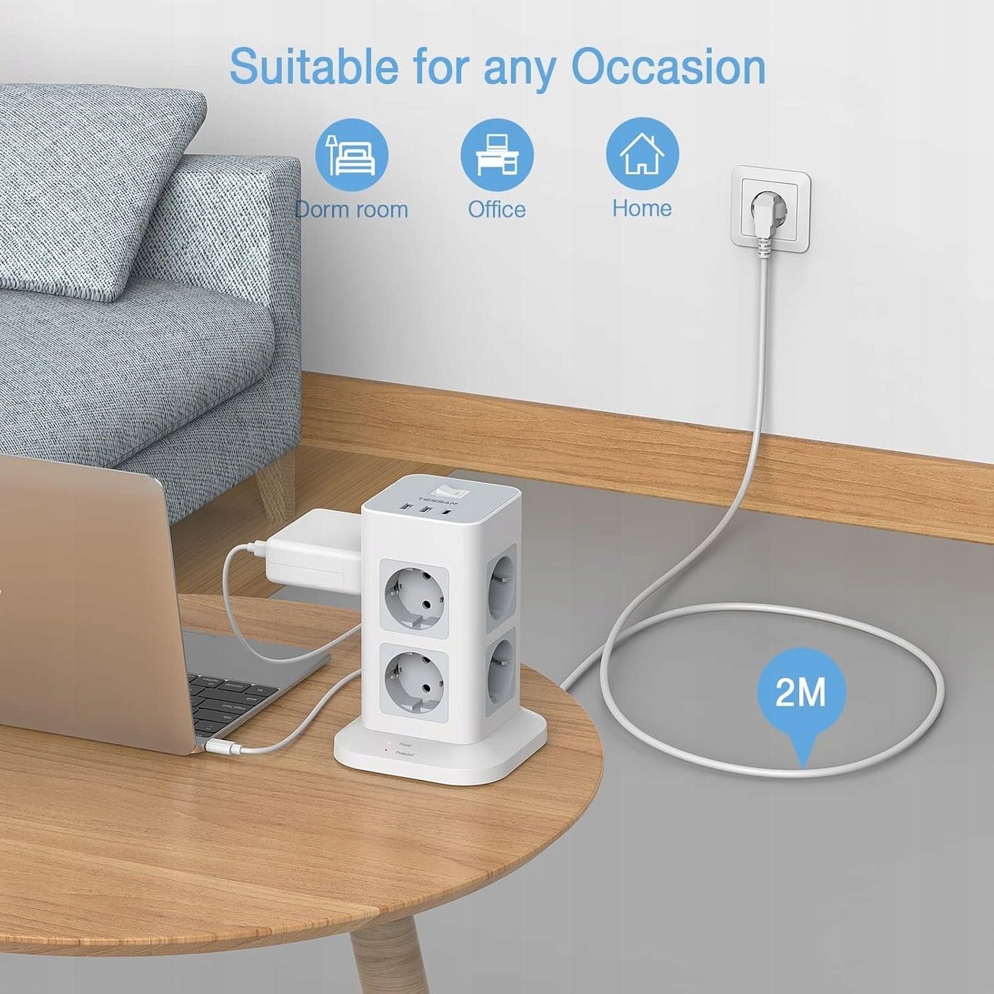 Listwa stojąca KOMPAKTOWA Tessan 8xAC 2xUSB-A 1x USB-C 3600W 2M