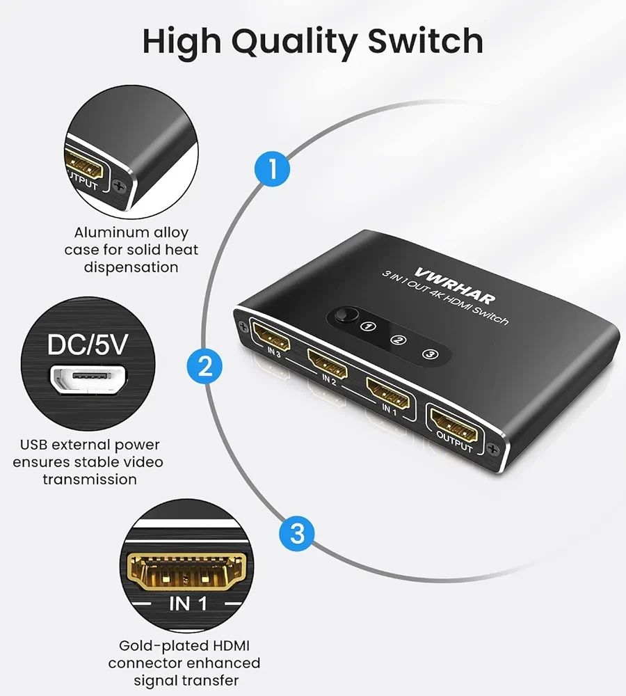 Rozdzielacz przełącznik hdmi 3 w 1 z pilotem vwrhar 4k2301a