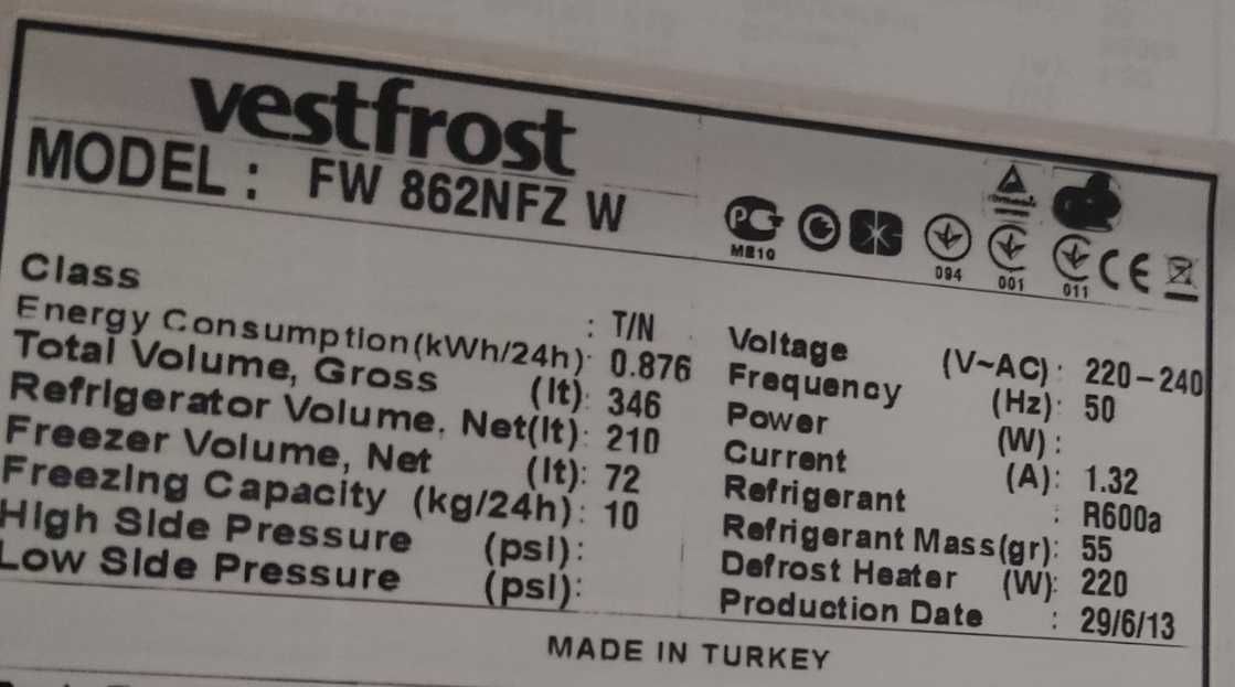 Холодильник Vestfrost FW 862 NFZ W 282л объем 188см высота