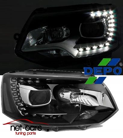 Reflektory lampy przednie VW T5 lift LED XENON H7 DEPO DRL czarne