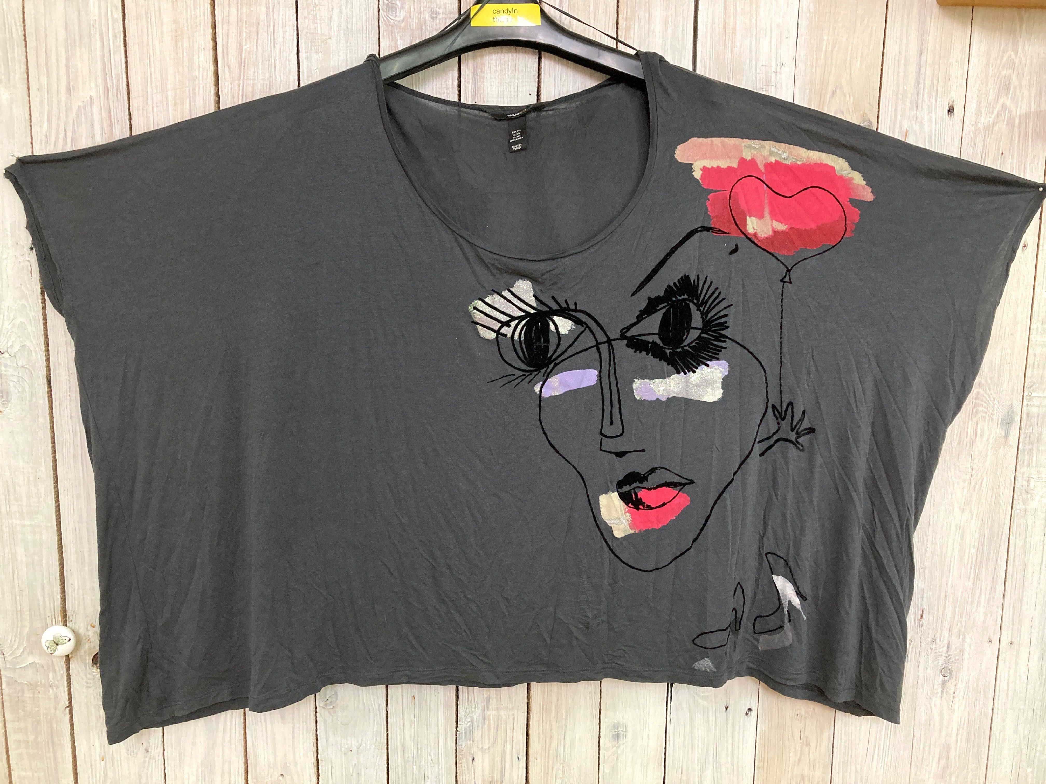H&M Cienka bluzka/ nocna koszula, z motywem,Lyocell, ciemno-szara, XXL